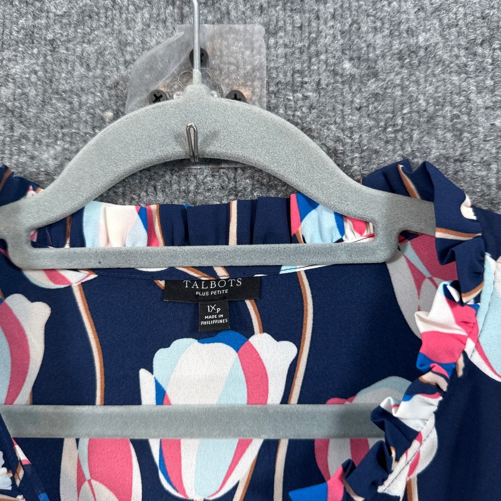 Talbots Blouse Womens 1X Petite Blue Tulip Print Ruffle Neck Floral Plus Size - Picture 3 of 8